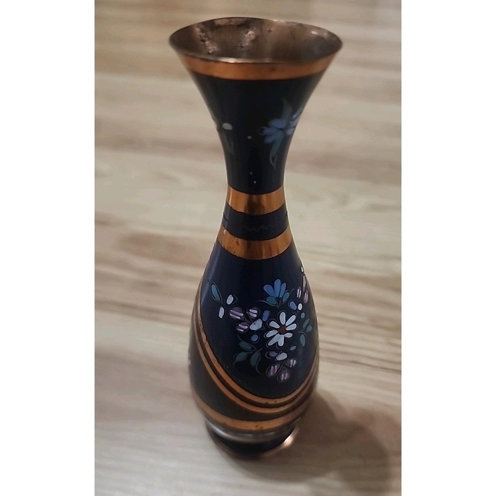 Vintage Turkish Gulistan Metalβ Hand Painted Bud Vase 6.25in Tall Floral Design